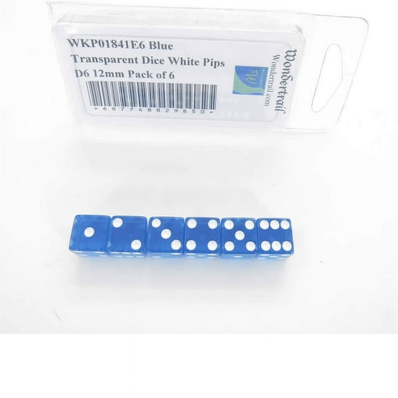Blue Transparent Dice with White Pips Square Corners D6 12mm (1/2in) Pack of 6 Wondertrail