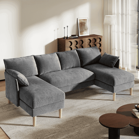 BedLuxury 100" U-Shape Sectional Sofa with Chaise, Chenille Modern Couch with High Legs for Living Room, Apartment, Dark Gray