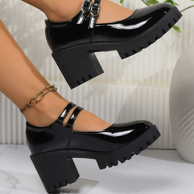 Hoshose Women Loafer Vintage Leather Chunky Heel & Double Strap Office Casual Shoes for Plus Size Ladies Hoshose Women Loafer Vintage Leather Chunky Heel & Double Strap Office Casual Shoes for Plus Size Ladies