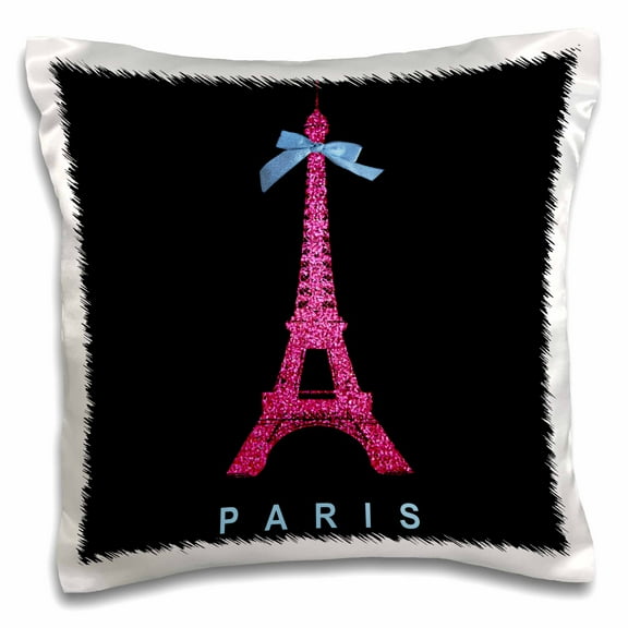 3dRose, Hot Pink Paris Eiffel Tower from France with girly blue ribbon bow - Black Stylish Modern France, 16x16 inch Pillow Case