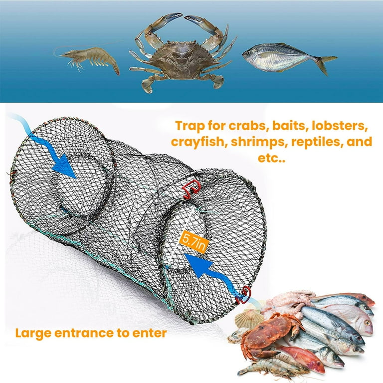 2Pcs Fishing Trap Net, iMountek Portable Foldable Fishing Pot Cage Basket  for Crab Lobster Crayfish Shrimp, 22x11.8in 