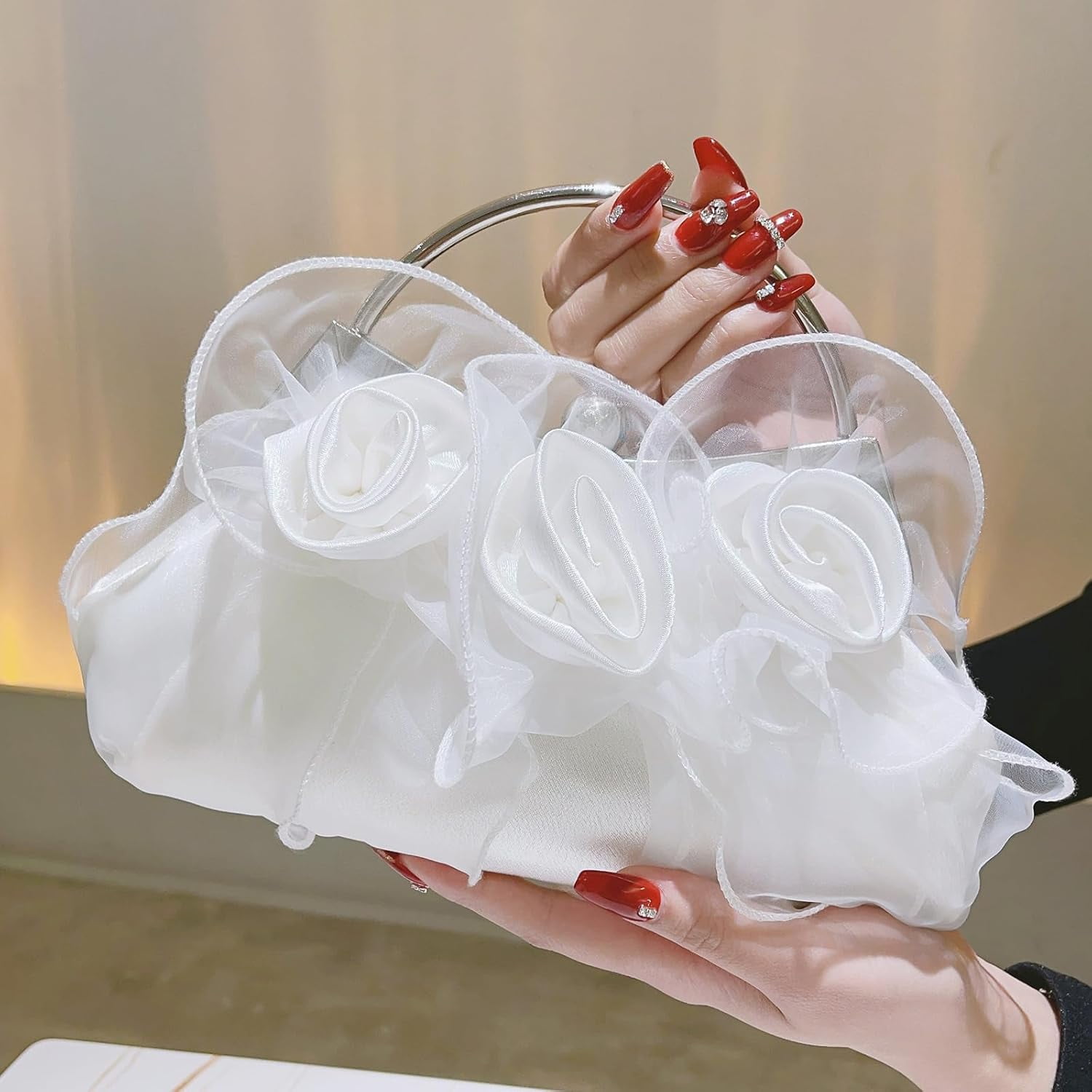 Elegant Satin Floral Clutch Purse with Detachable Chain Strap for Wedding, Prom, and Evening Parties – Bridesmaid, Betrothed, and Evening Bag for Women