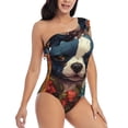 thumbnail image 3 of Rateoe Cute Colorful Flower French Bulldog Pattern Women One Piece Swimsuits Tummy Control One Shoulder Bathing Suits Ruffle Swimwear-Small, 3 of 6