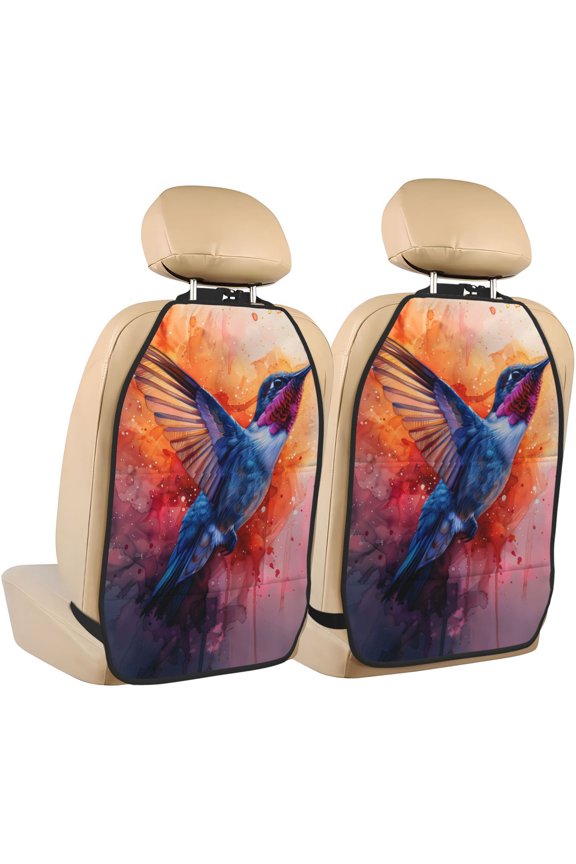 Vibrant Hummingbird Watercolor Art Print 2 Pack Car Kick Mat Seat Cover Back Protector Mat with Pockets for Organizer Backseat Protector and Storage Anti Kick Pad for Vehicles