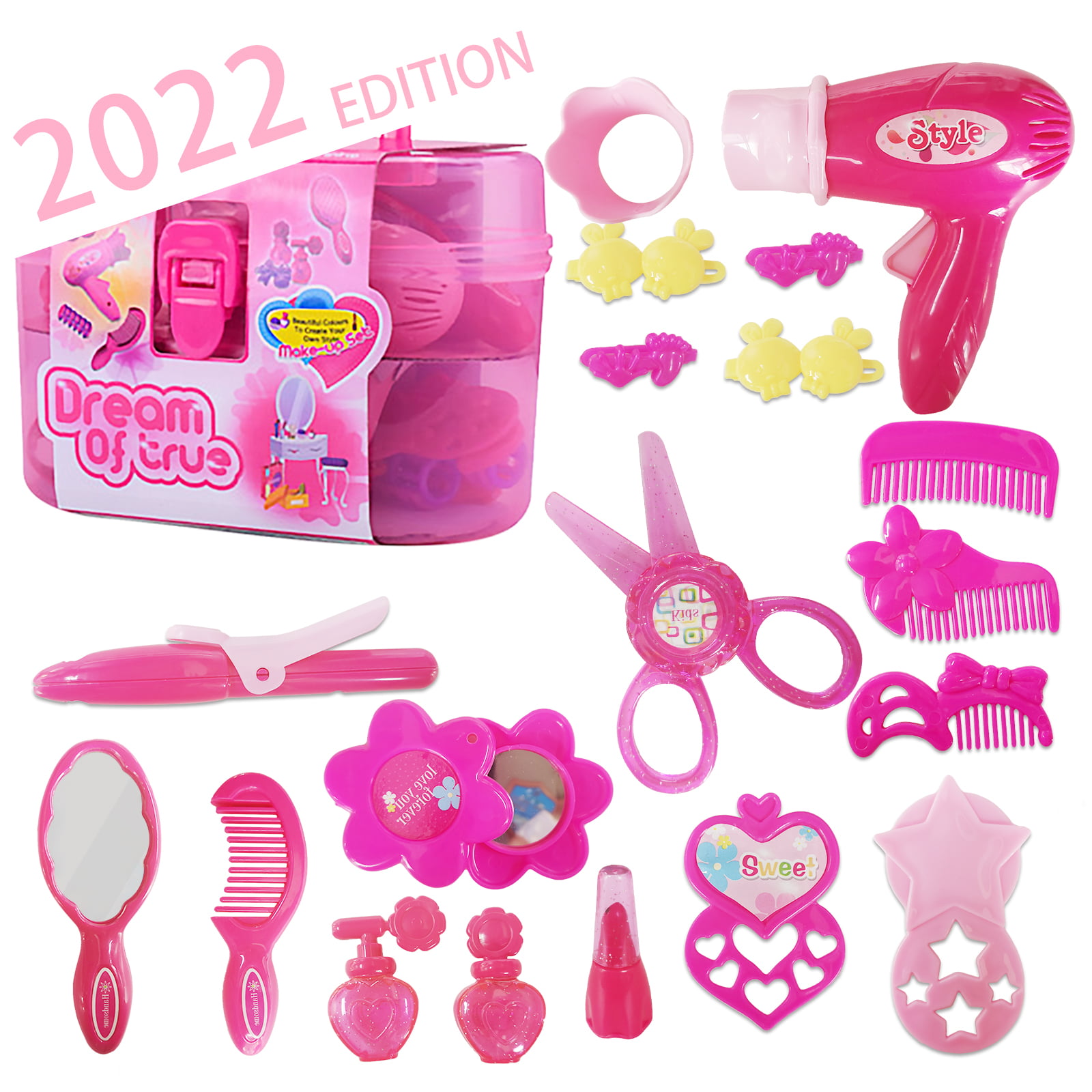 17 Piece Kids Makeup Kit, Beauty Vanity Hair Styling Set with Make Up Case  and Hair Dryer, Pretend Play Set and Cosmetic Set for Toddler Girls -  