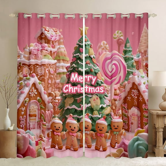 Feelyou Merry Christmas Black Out Curtains for Kid, Kawaii Gingerbread Man Curtains Pack of 2 (42x63 Each), Green Xmas Tree Bedroom Curtains, Living Room Curtains Decor