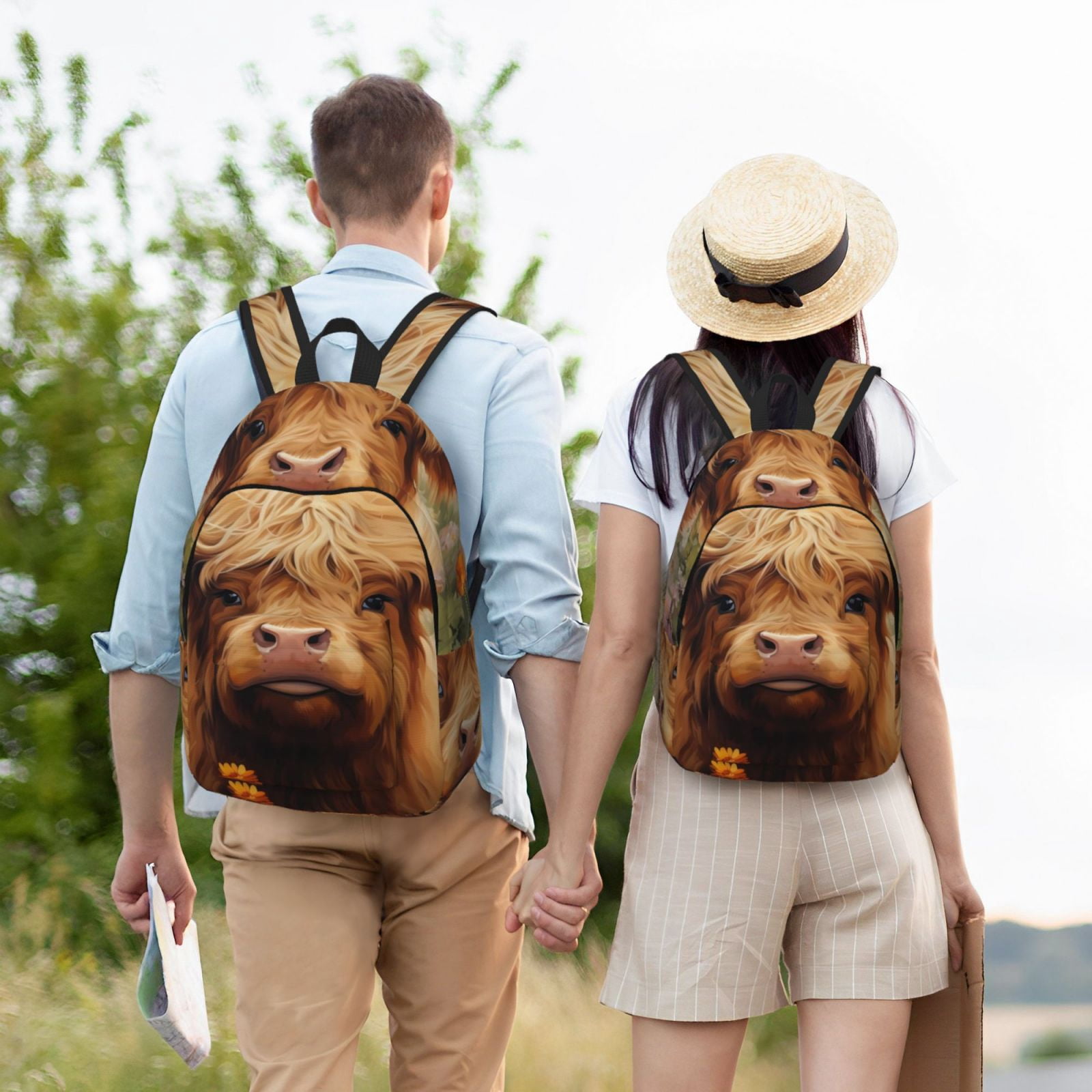 Ratiio Cute Floral Cow Print Canvas Backpack for Women & Men Retro Aesthetic Rucksack Basic Backpack for High School/College Students Travel Laptop Bag