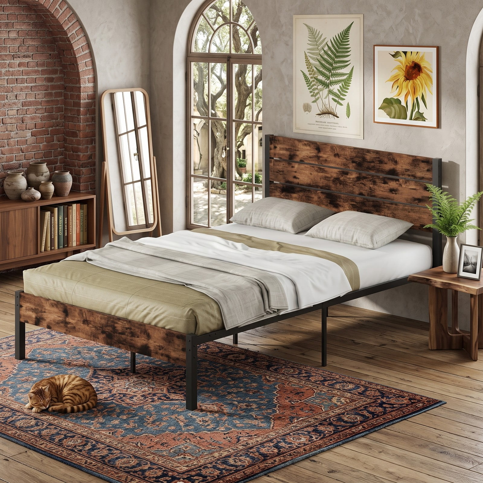 Furnibear Queen Size Bed Frame Metal Platform Bed with High Wood Headboard and Mute Bar, Heavy Duty No Box Spring Needed, Rustic Brown and Black