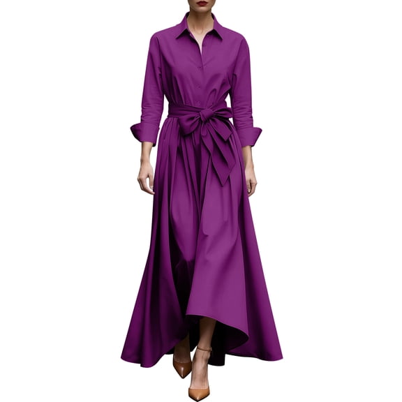 PBFRDSJ Casual Fall Dresses for Women Collar Button Down Flowy Maxi Dress Vintage A Line Formal Church Elegant Dress
