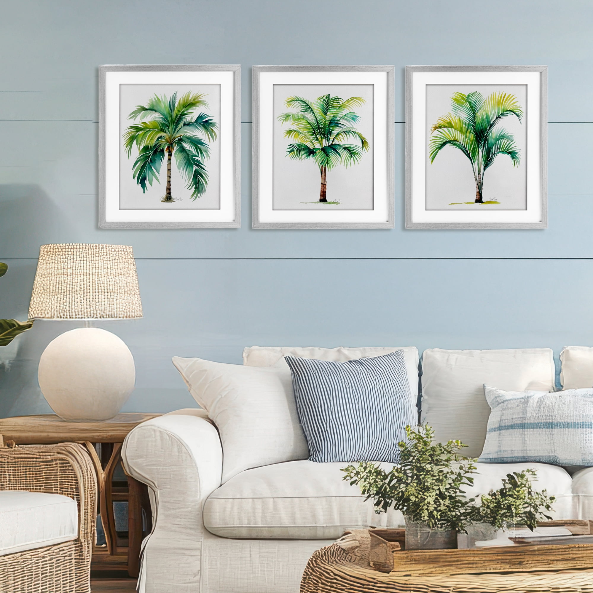 Stupell Industries Exotic Lagoon Palms 3 Piece Gray Framed Print Under Glass Set, design by Shelly Craig