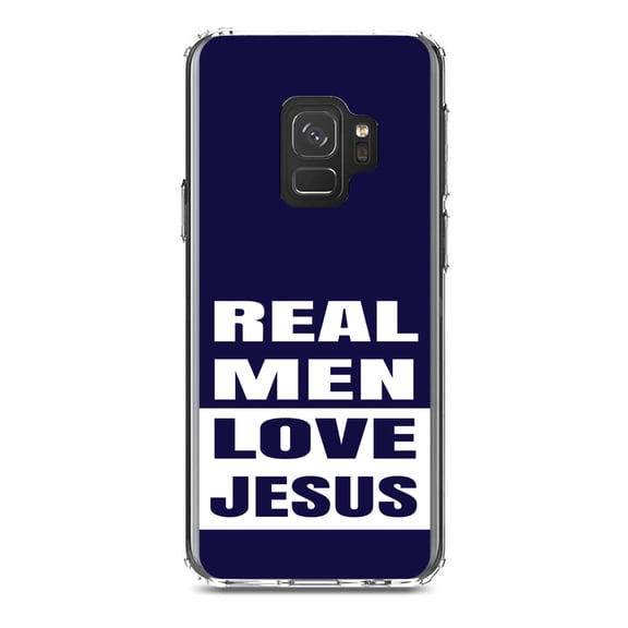 DistinctInk Clear Shockproof Hybrid Case for Samsung Galaxy S9 (5.8" Screen) - TPU Bumper, Acrylic Back, Tempered Glass Screen Protector - Navy Real Men Love Jesus - Christ