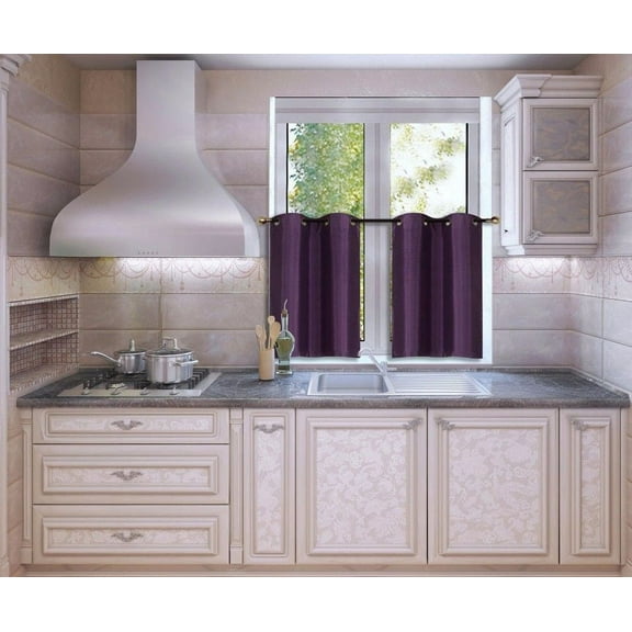 N25 Purple 1-Set Light Filtering Kitchen Window Curtain, 2 Faux Silk Tier Panels With Bronze Grommets on Top
