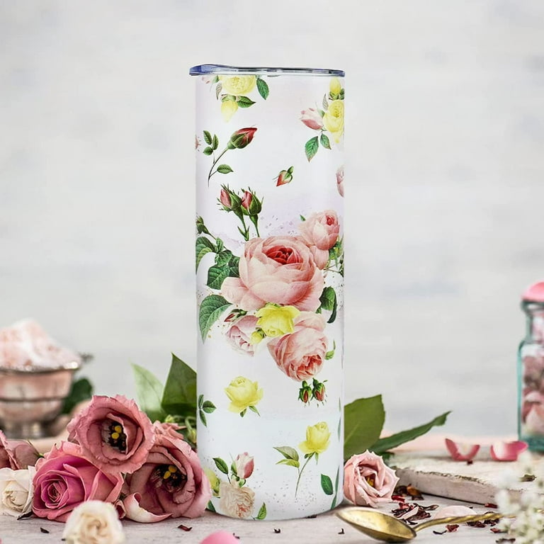 Floral Tumbler with Lid and Straw Double Wall Vacuum Stainless