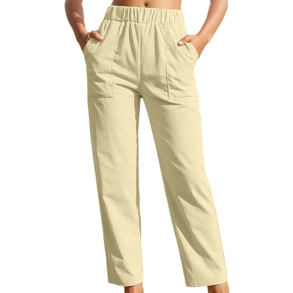 DHFJKG Corduroy Straight Leg Pants Women Elastic Waist With Pockets Comfortable 2026 Spring Fall Soft Trousers