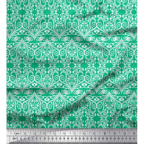 Soimoi Green Cotton Duck Fabric Filigree Damask Print Fabric by the Yard 42 Inch Wide