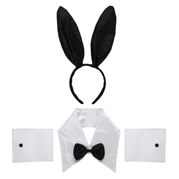 Doomiva Women's Bunny Cosplay Set Rabbit Ears Headband Bow Tie Collar Cuffs Rabbit Tail Cosplay Party Halloween Easter Clothing Props Black&White One Size