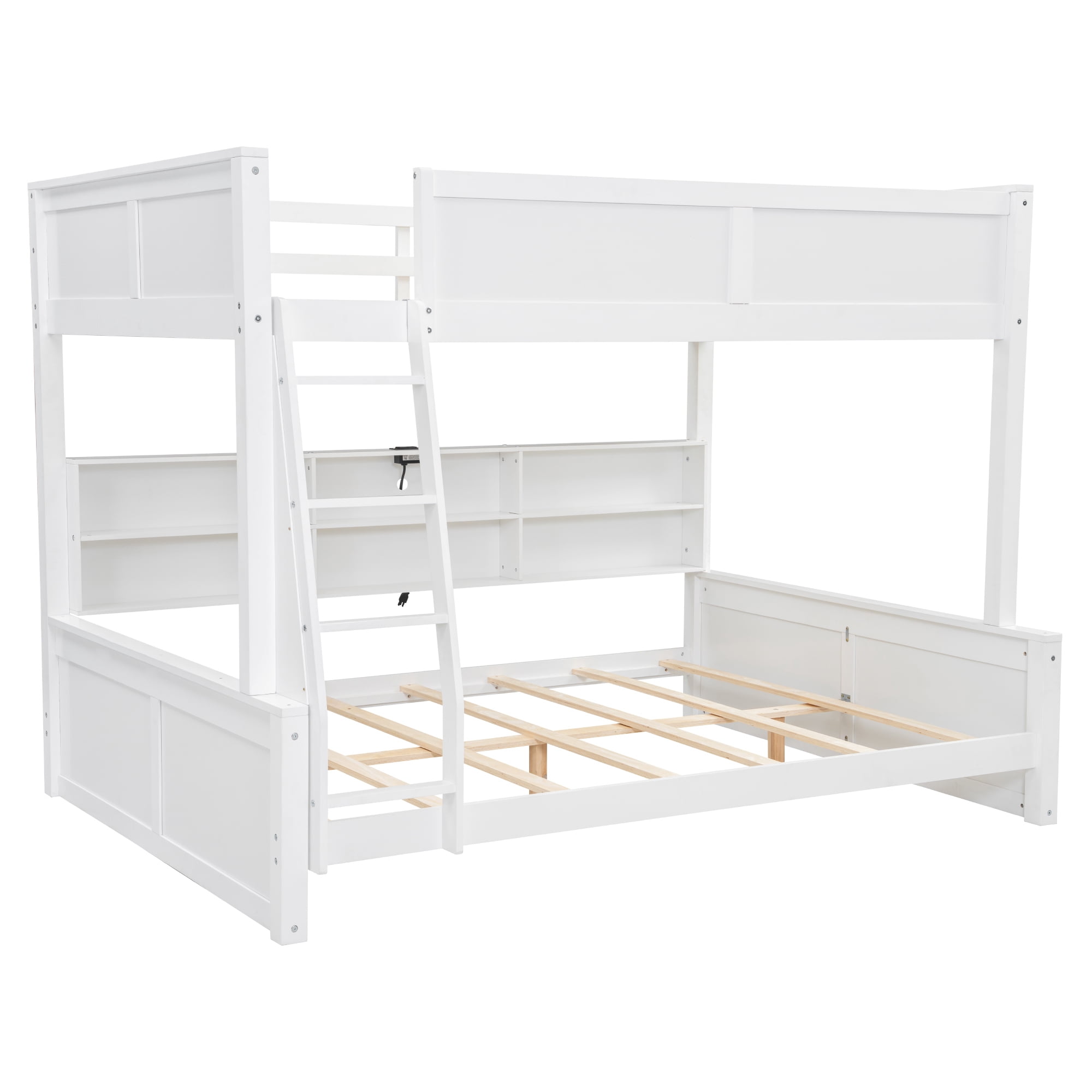Full XL over Queen Bunk Bed with 6 Storage Cabinets on the Side, USB Ports & Outlets – Solid Pine & MDF Bed Frame with Guard Rails, No Box Spring Needed, Space-Saving Design