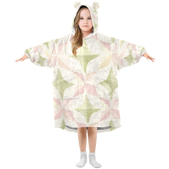 FORMRS Wearable Blanket Hoodie with Sleeves for Kids Cozy Flannel Sweatshirt, Pastel Pink Geometric