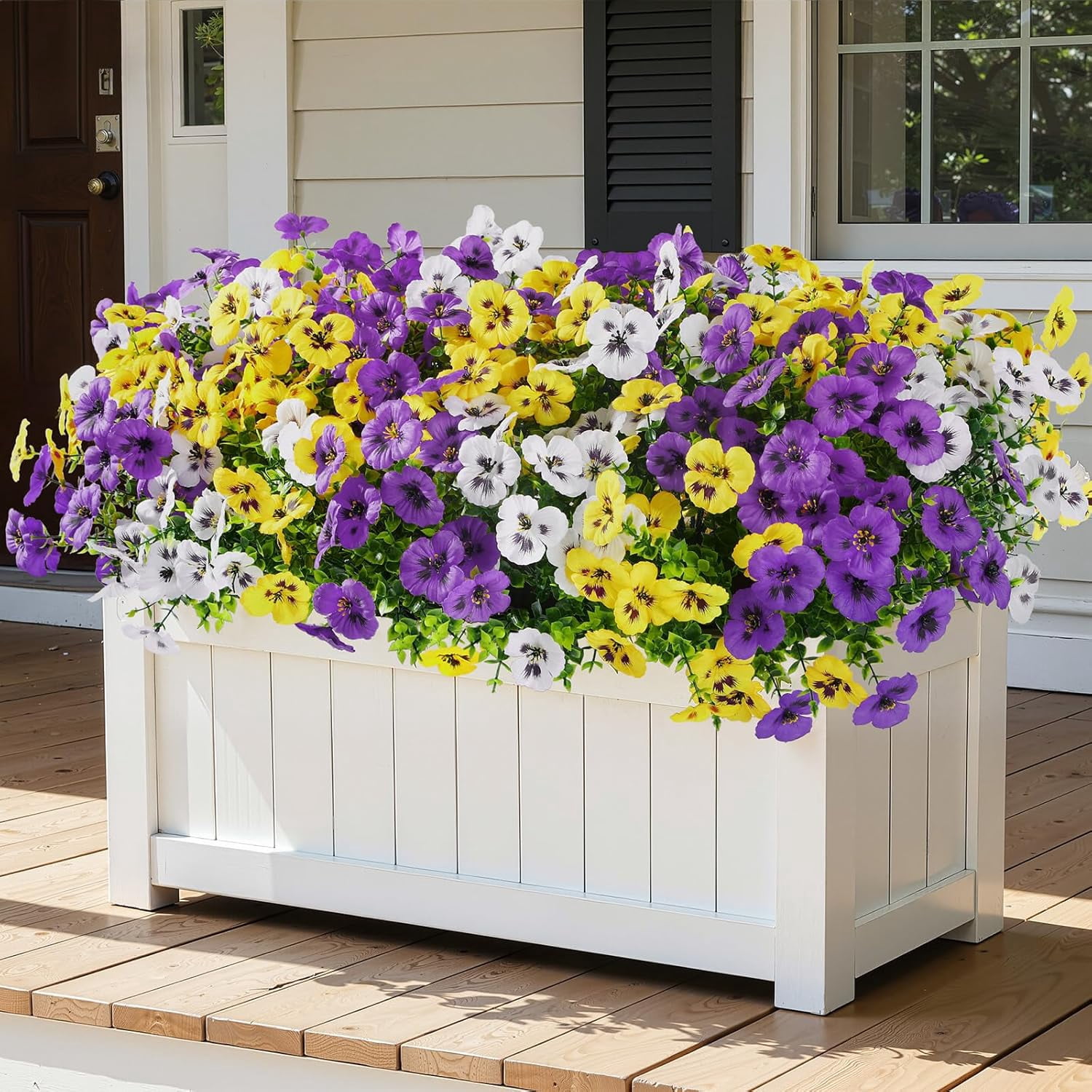 24 Bundles Artificial Flowers for Outdoors, Fake Spring Decoration, UV Resistant Realistic Pansies with Eucalyptus Silk Faux Porch Patio Yard, Purple Yellow White