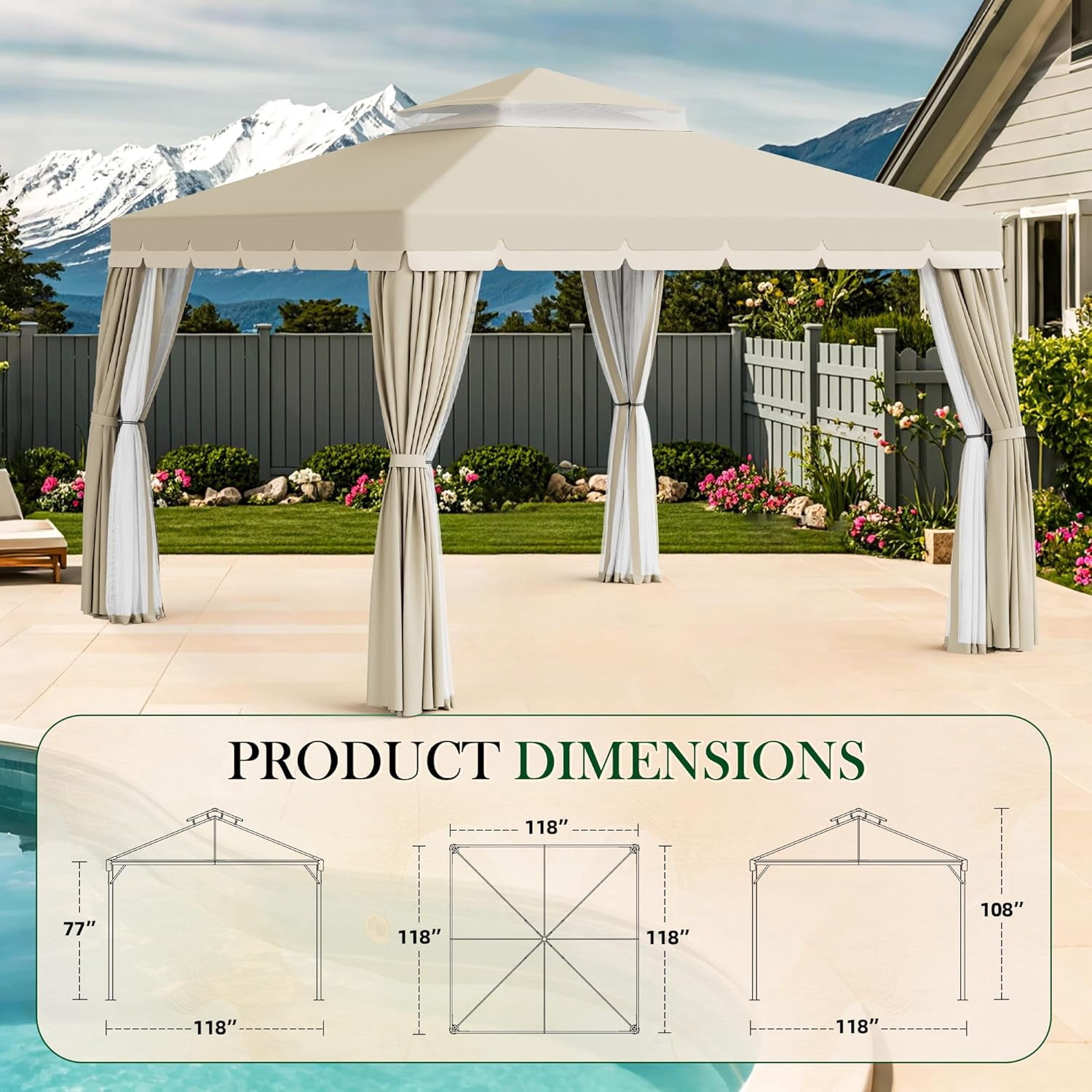 SOLAURA 10 x 10 ft Outdoor Patio Gazebo, Patio Canopy Shelter with Vented Soft Top, Breathable Mosquito Netting & Privacy Curtains, Beige