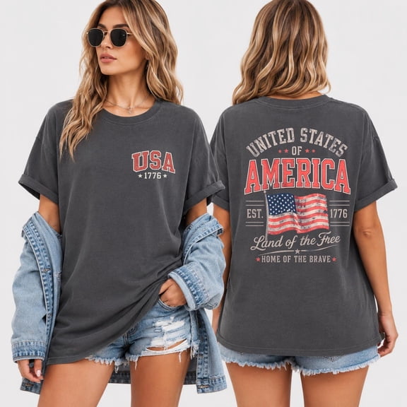 VibeNest Studio Unisex United States of America 1776 Land of the Free Vintage Patriotic Front Back Garment Dyed T-Shirt