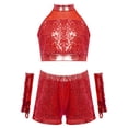 thumbnail image 5 of inlzdz Kids Girls Jazz Latin Dance Outfits Sequin Halter Crop Tops with Shorts Tassel Gloves Dancewear Red 10, 5 of 7
