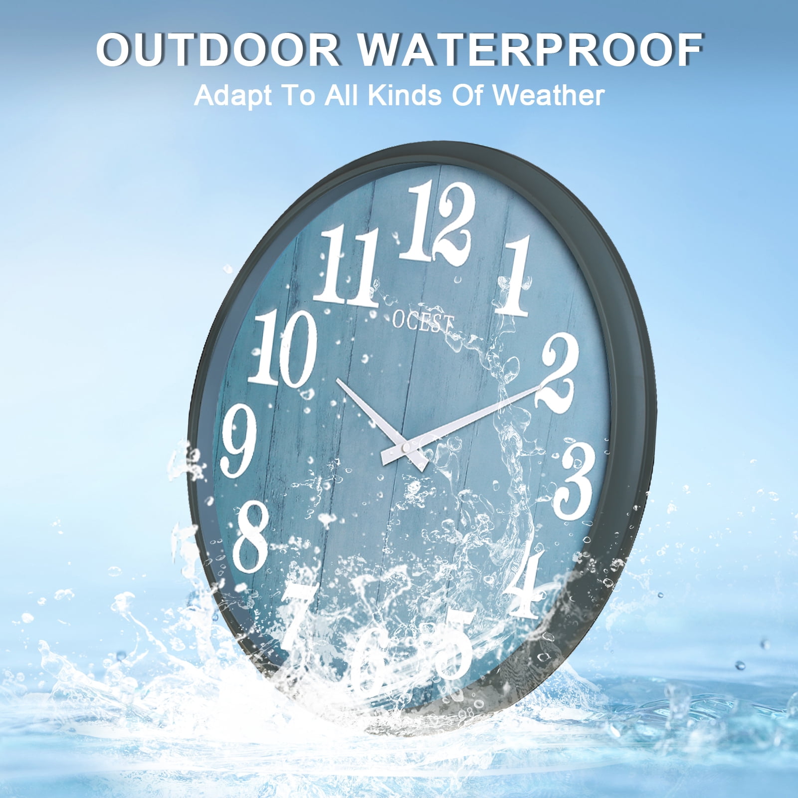 Eyotto 18 Inch Large Indoor Outdoor Clock, Waterproof Silent Oversized Wall Clock with Large Display for Garden Pool Patio Living Room Office Decorative, Blue