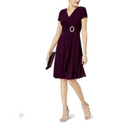 R & M Richards Short-Sleeve Faux-Wrap Dress, Plum,6