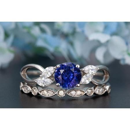 - Art Deco 1.5 Carat Trillion Cut Real Sapphire and Diamond Bridal Wedding Ring Set with Engagement Ring and Wedding Band in 18k Gold Over Silver