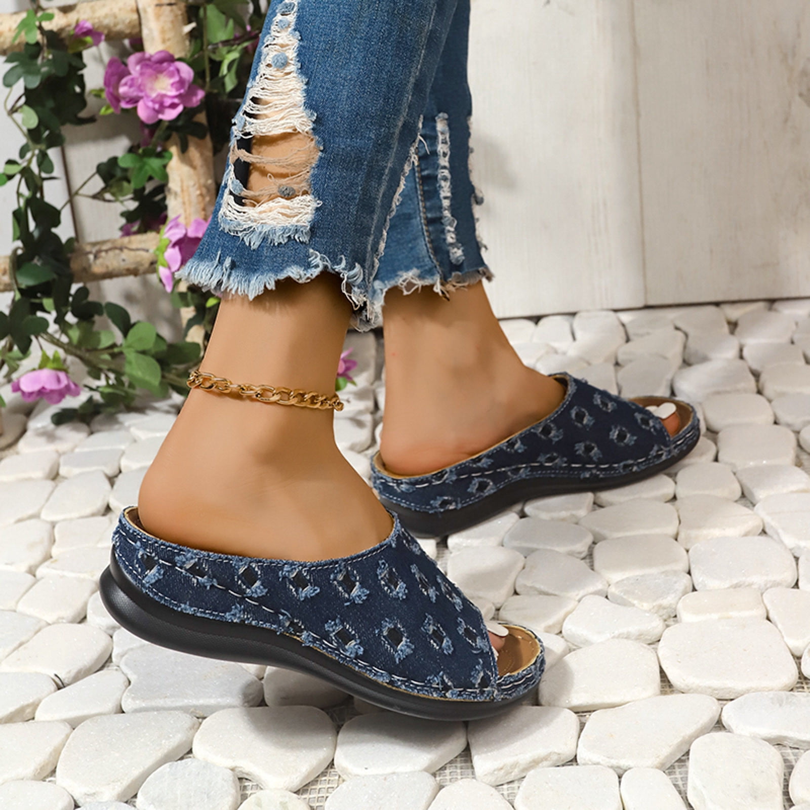 Mostsola Women's Trendy Wedges Open Toe Denim Splic Slides Sandals with Comfort Arch Support