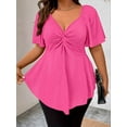 thumbnail image 4 of Loose v-Neck Plus Size Women's Top, Solid Color Knotted Design t-Shirt, Polyester Business Casual Women's Clothing, 1XL-5XL Rose Red., 4 of 5