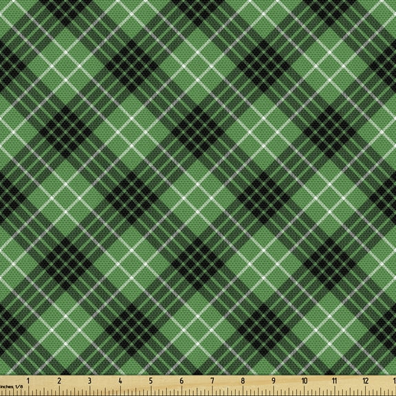 Ambesonne Plaid Fabric by the Yard Upholstery, Diagonal Tartan Green, 2 Yards, Green Black White