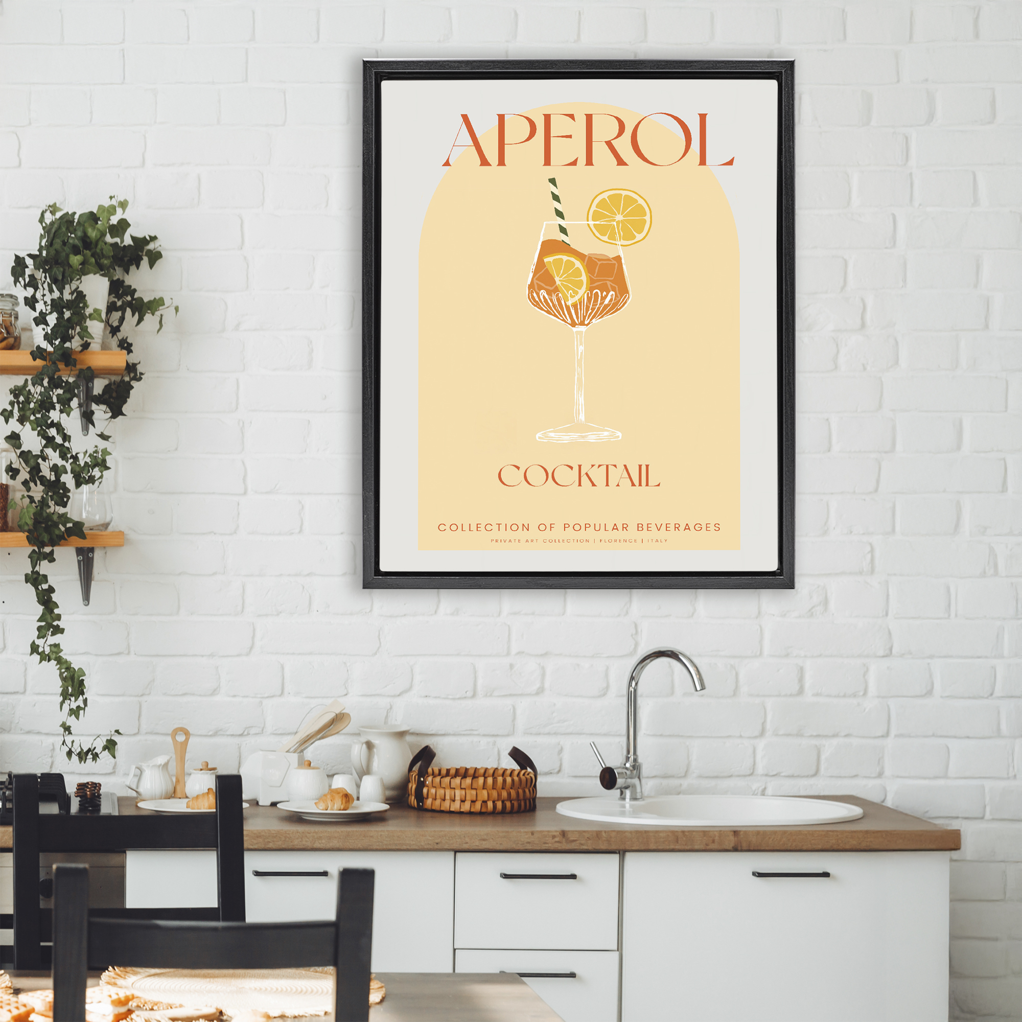 Stylish Retro Aperol Cocktail Black Framed Floater Canvas Wall Art, design by Lil' Rue