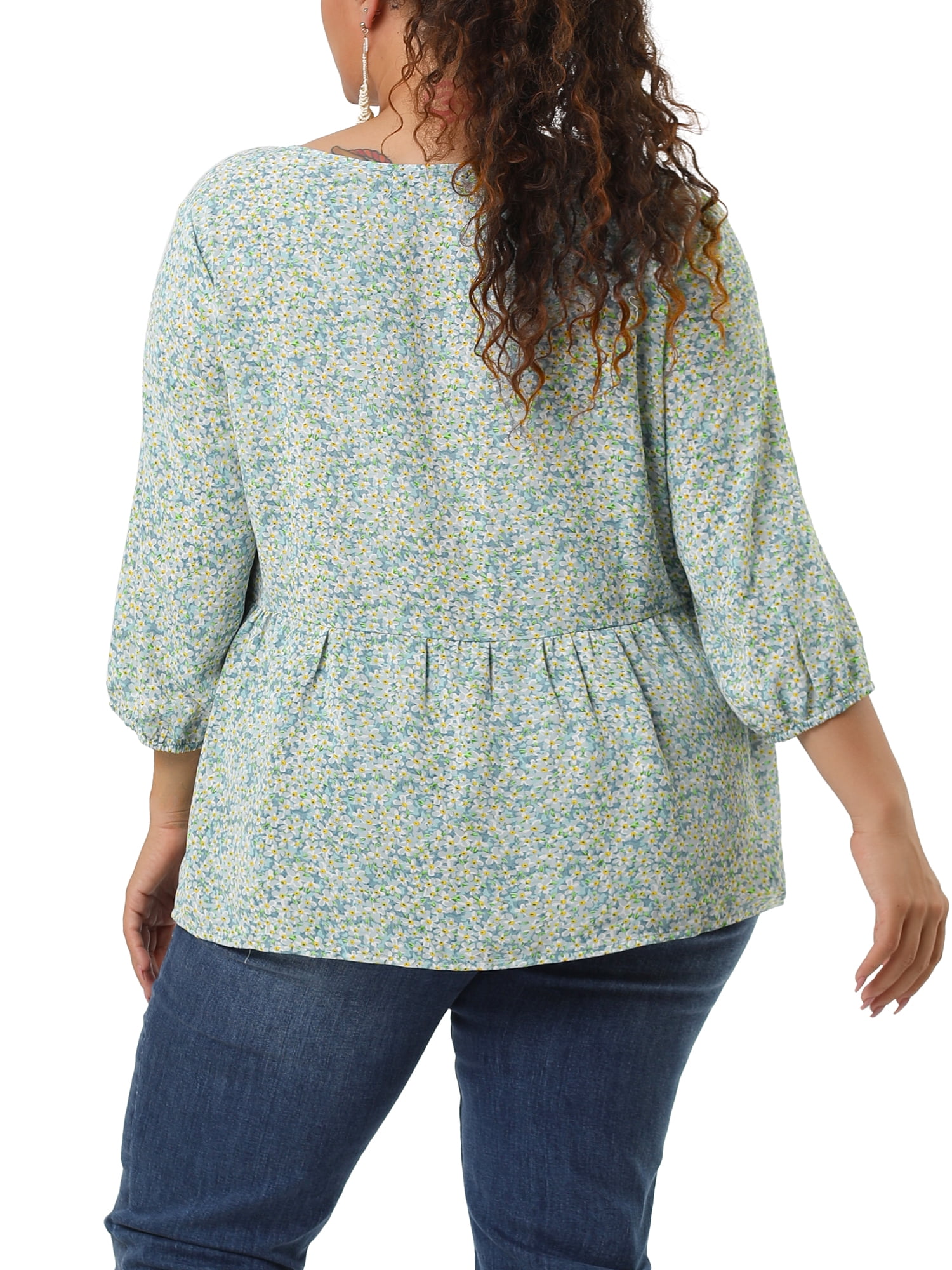 Unique Bargains Juniors' Plus Size Tops Floral Ruffle Flowy Peplum Top Light Blue 4X