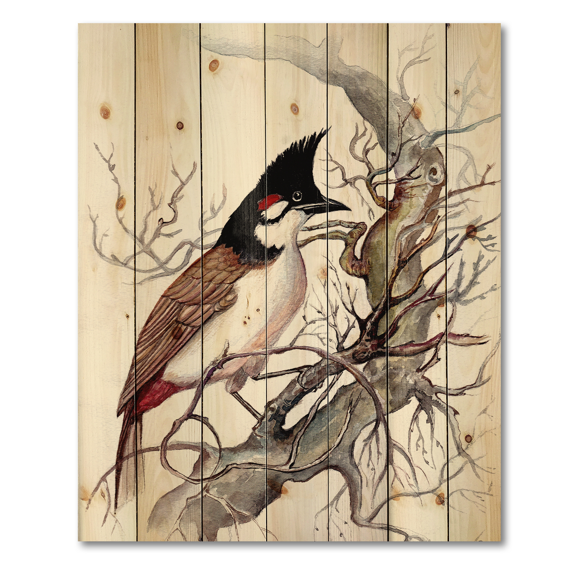 Designart 'Ancient Beautiful Bird On A Branch' Traditional Print on Natural Pine Wood