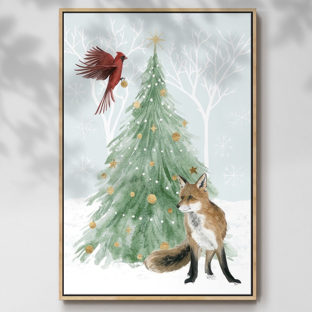 Christmas in the Forest Collection B - Framed Gallery Wrapped Holiday Canvas - 25 x 37 - Natural Wood Frame