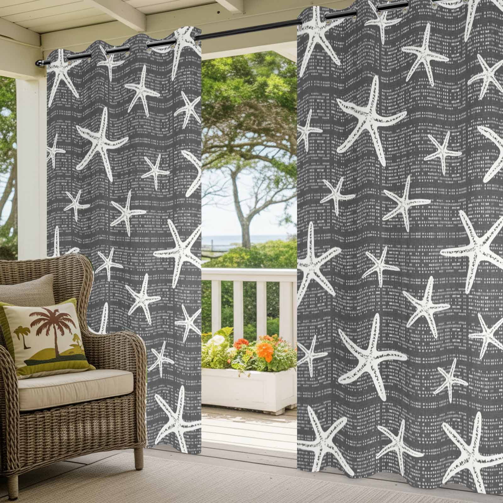 Black Starfish Coastal Outdoor Curtains for Patio, Summer Beach Nautical Sea Ocean Sunshade Privacy Drapes Grommet Waterproof Outside Curtains for Porch/Cabana/Balcony 54"x 108", 1 Panel