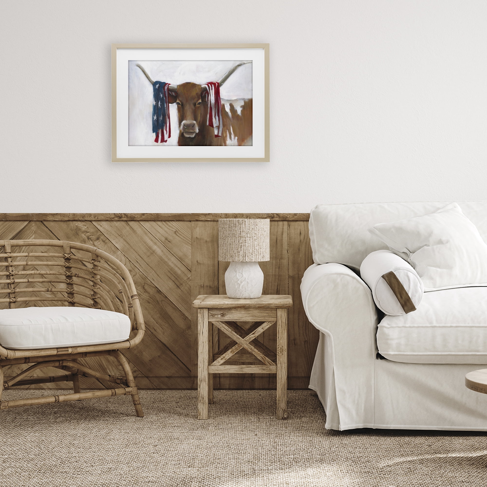 Stupell Industries Patriotic Longhorn with Flag Birch Framed Print Under Glass, design by White Ladder