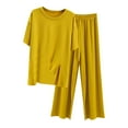 thumbnail image 2 of TMOYZQ Ice Silk Lounge Sets for Women Short Sleeve High Low Tops Elestic Waisted Wide Leg Pants 2 Piece Outfits Solid Color Casual Oversized Pajamas Set, 2 of 5