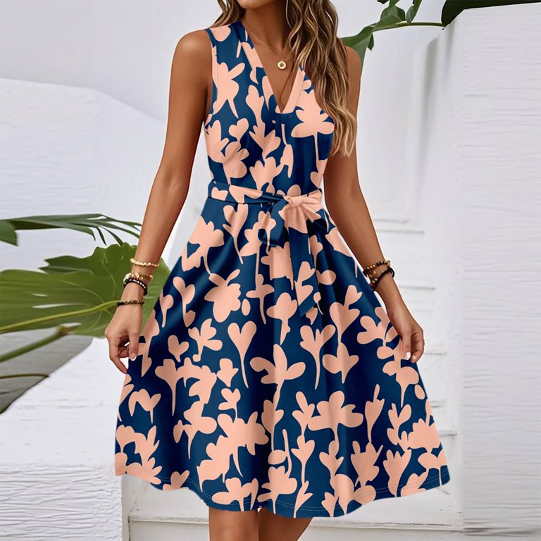 Formal Dresses Women, Casual V Neck Sleeveless Floral Tunic Tank Wedding  Guest Dress Cocktail Beach Vacation Womens Summer Dresses Casual Linen  Shirt Orange Dresses Shirt (M, Dark Blue) ZMTing - Walmart.com