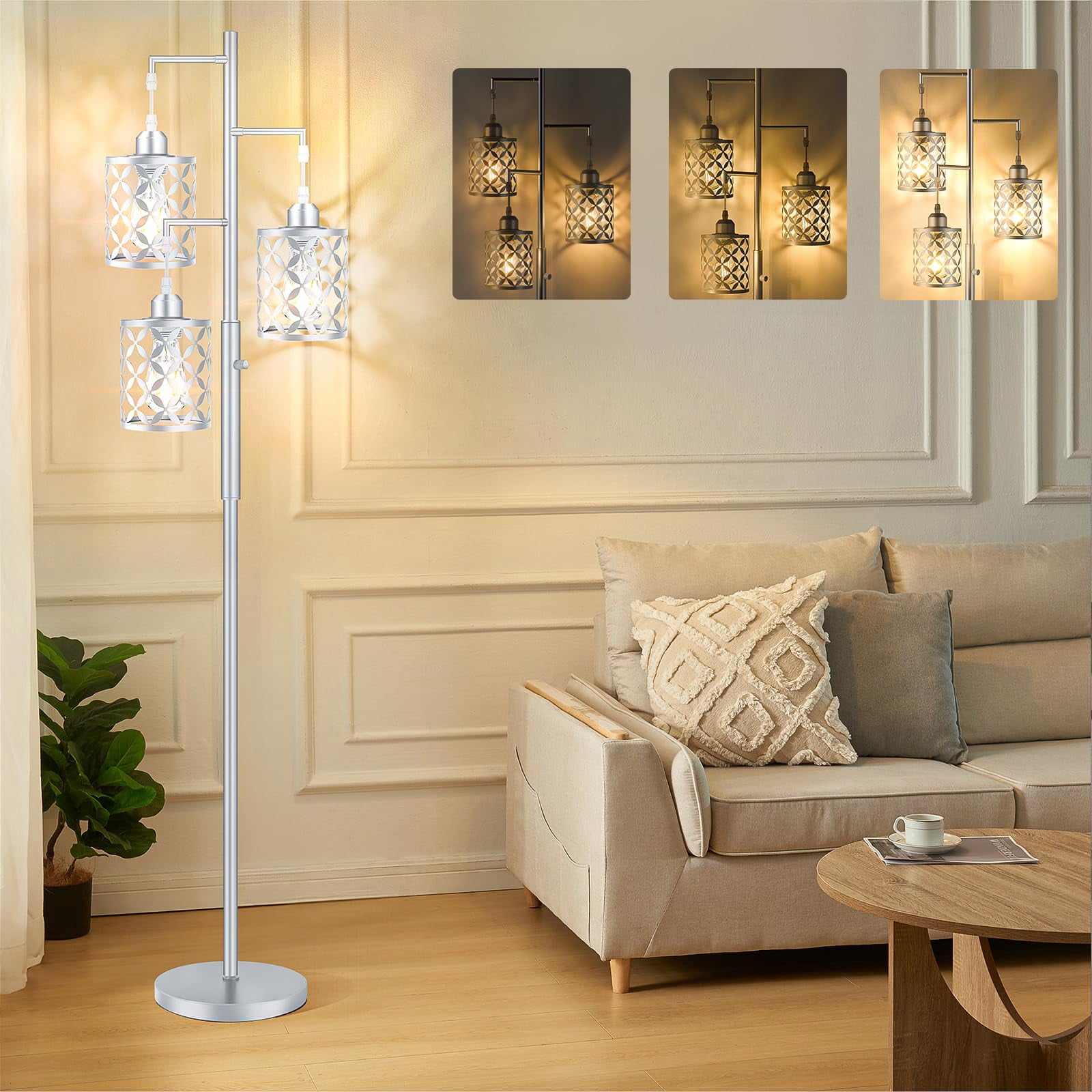 68" Dimmable Floor Lamp with Metal Cage, 3 LED Bulbs Included for Living Room Bedroom