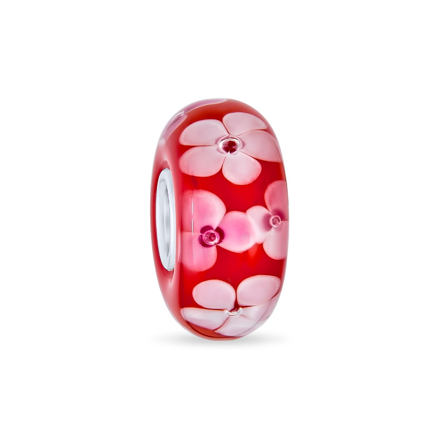 Pink Flower ON Clear Murano Glass .925 European Bead Charm 