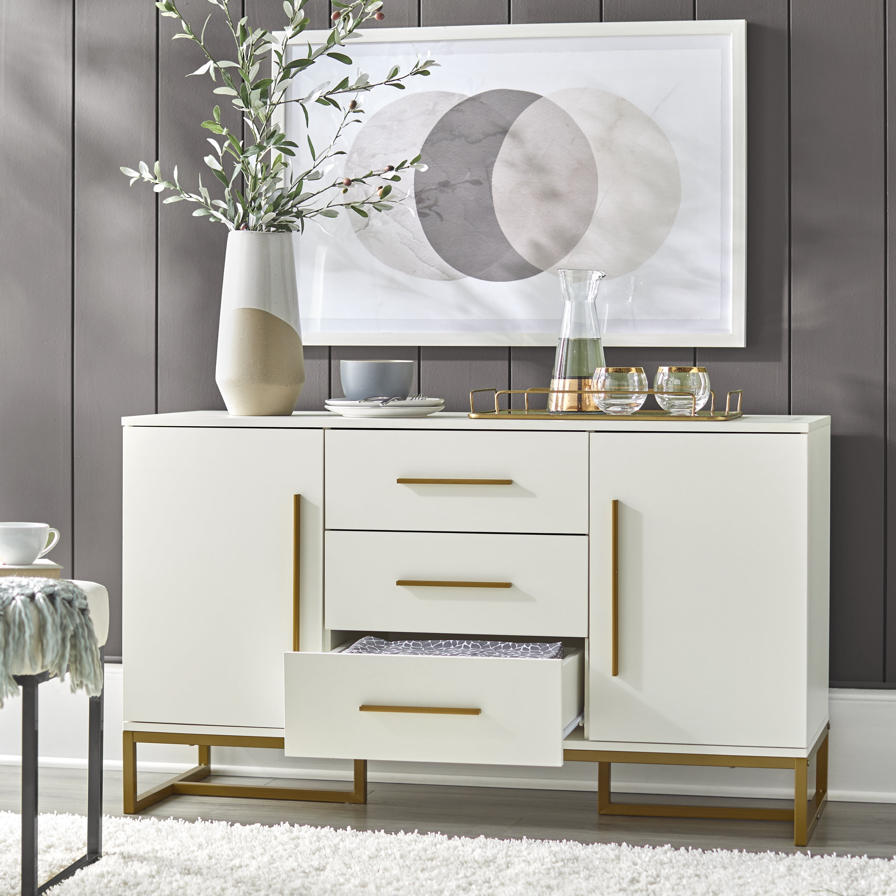 Ember Interiors Briar 47" Modern Dining Room Storage Sideboard, White Finish
