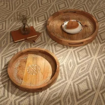 Expobazaar Wooden Tray | Round Mango Wood Brown Serving Tray | Set of 2 | Elegant Breakfast Serving Tray | 18"x18"x2"