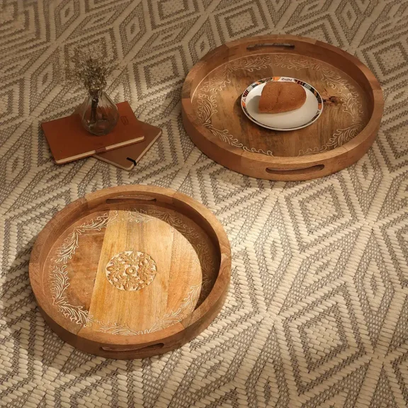 Expobazaar Wooden Tray | Round Mango Wood Brown Serving Tray | Set of 2 | Elegant Breakfast Serving Tray | 18"x18"x2"