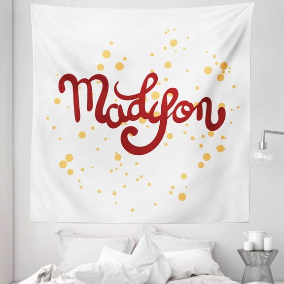 Madison Tapestry, Modern Calligraphy Design Hand Drawn Cursive Letters Common Girl Name Pattern, Fabric Wall Hanging Decor for Bedroom Living Room Dorm, 5 Sizes, Ruby and Mustard, by Ambesonne