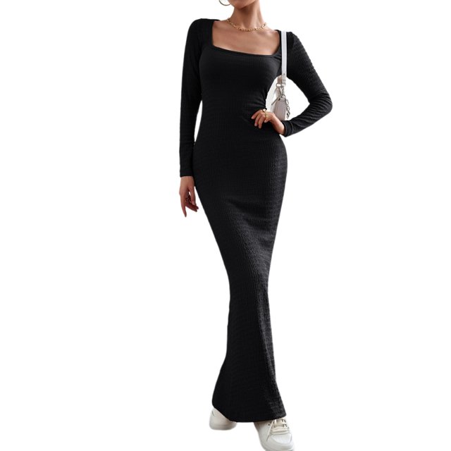 Vestido De Manga Larga Vestido ajustado para damas Estilo sexy Túnica Maxi Vestido elegante Vestido largo Traje diario Ygjytge Negro S para Mujer