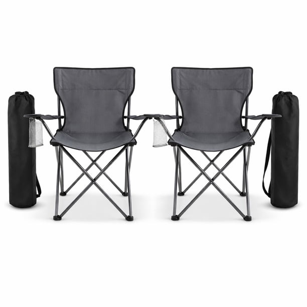 Sillas Plegables para Camping Pesca Playa y Exteriores de Lona Impermebale con Porta Vaso Ligera Sillas para Exterior Ergonomica con Estructura de Acero y Funda Transportadora Set de 2 Sillas (Gris)