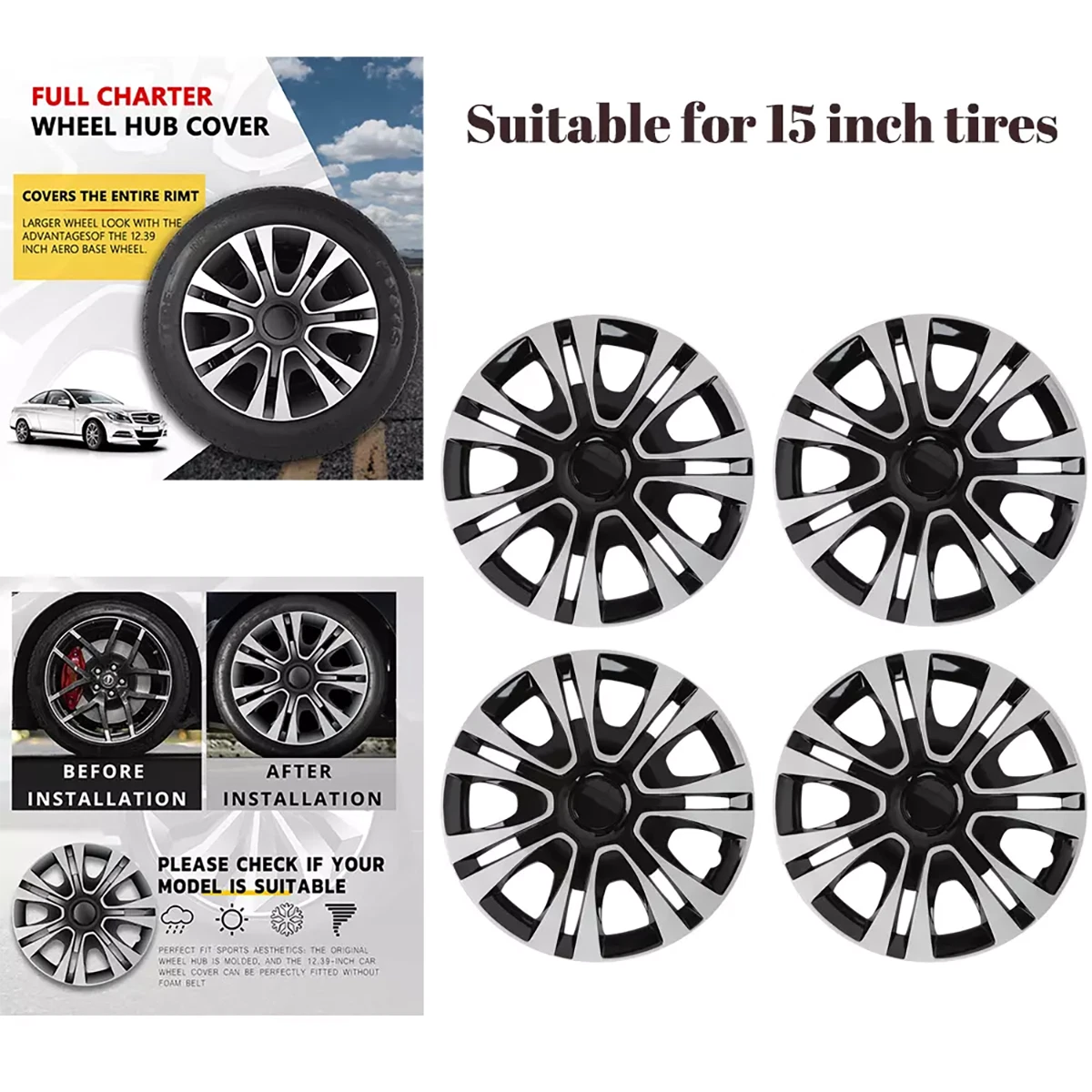 15" Set of 4 Wheel Covers Snap On Hubcaps Full Hub Caps fit R15 Tire & Steel Rim