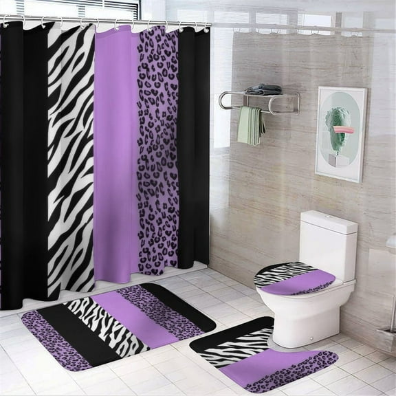 Animal Print Zebra Stripes Shower Curtain Set Modern Bathroom Decor Mats 4pcs Fabric Bathroom Curtain Slip Floor Rug Toilet Lid